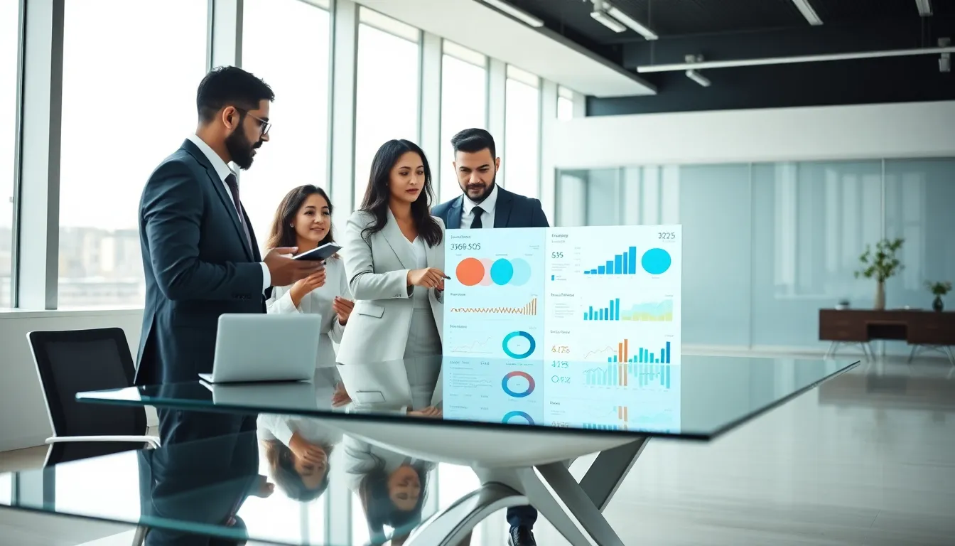 diverse team analyzing data in a modern office.